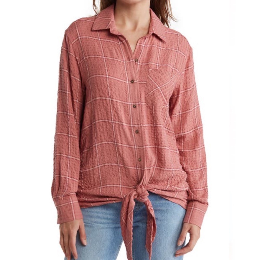 NEW Nordstrom Como Vintage Button Down Tie Front Shirt Size Medium Pink Oversize